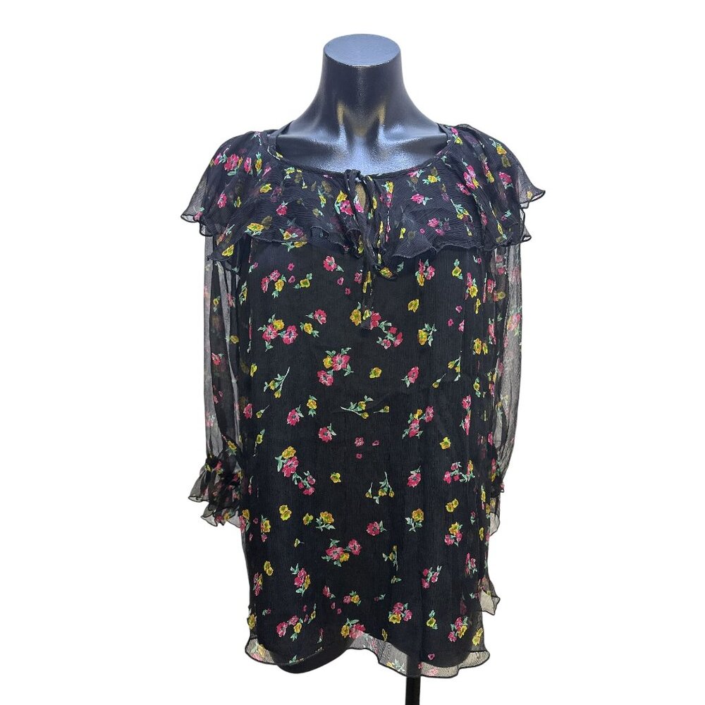 NWT Johnny Was Black Sheer Floral Ruffle Blouse w/Black Undershirt Size L